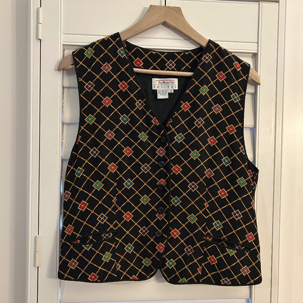 Talbots 100% Silk Black Vest with Jewel Tone Print Size 10P Evening!
